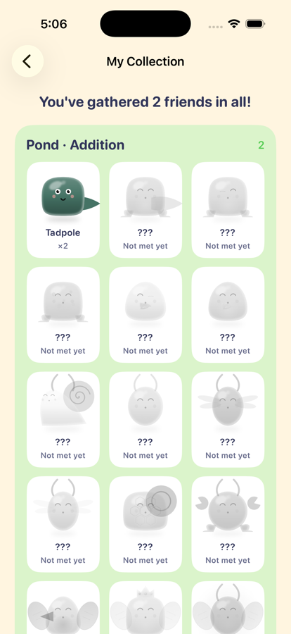 Collection book screen showing a collected tadpole and creatures not met yet
